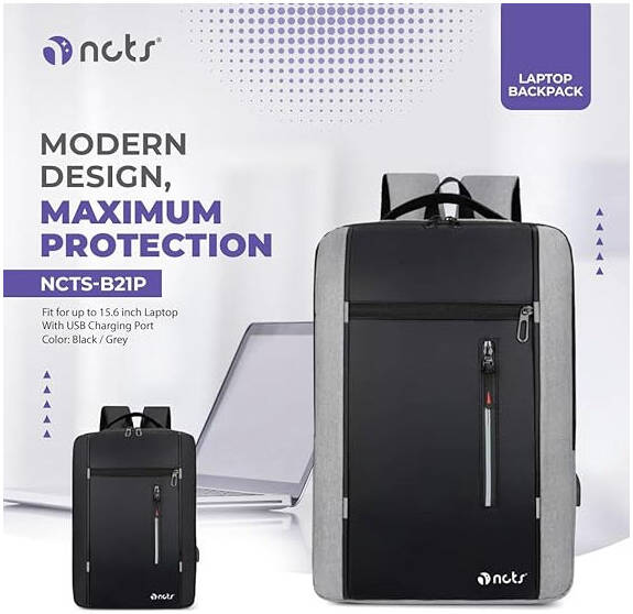 NCTS B21P LAPTOP BACKPACK FITS 15.6" LAPTOPS WITH USB CHARGING PORT COLOR BLACK AND GREY